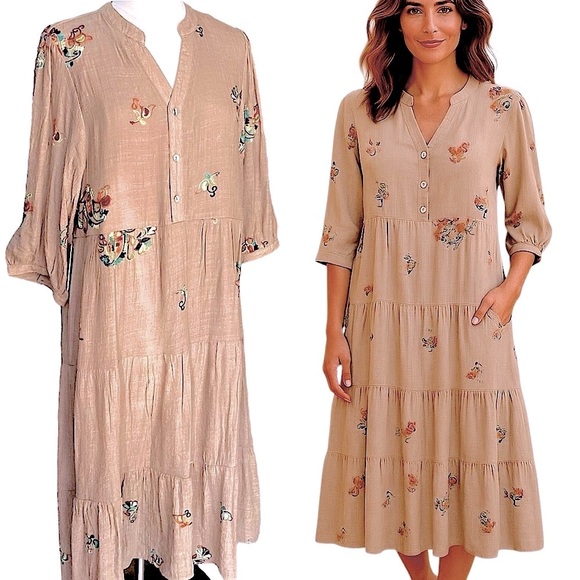 Anthropologie Fig+Flowers Floral Boho Embroidered Tan Dress New! Select Size - Picture 1 of 16